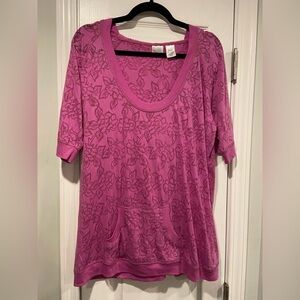 Bold Spirit Size XL Pink Semi Sheer Rose Floral Short Sleeve Pullover Hoodie Top
